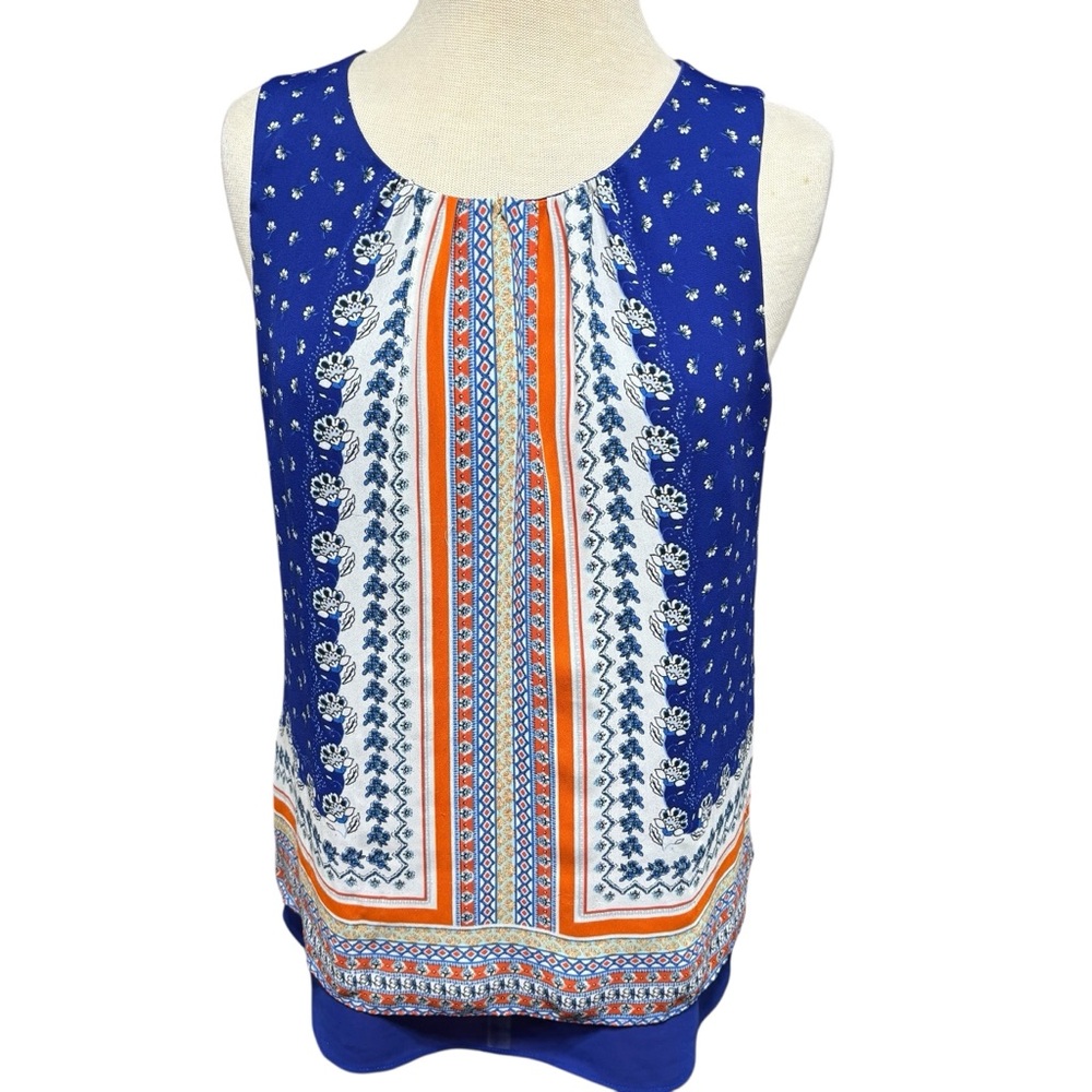 Rose & Olive Blue Floral Medallion Split Back Layered Sleeveless Top Size M #576